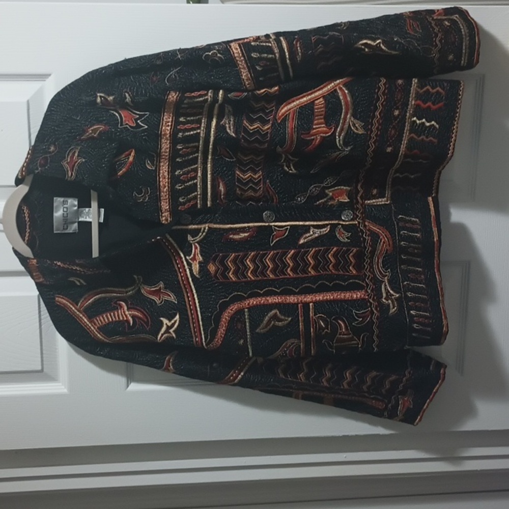 CHICOS XL LADIES BUTTON UP EMBROIDERED JACKET FULLY LINED PATTERNED COLORFUL